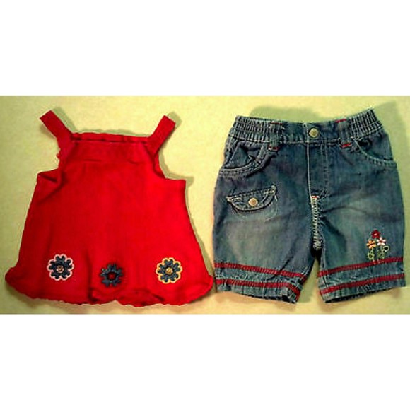 Cute Girl's Size 3-6 M Month Two Piece Pink Top & Denim Pants Floral Embroidered - Picture 1 of 10